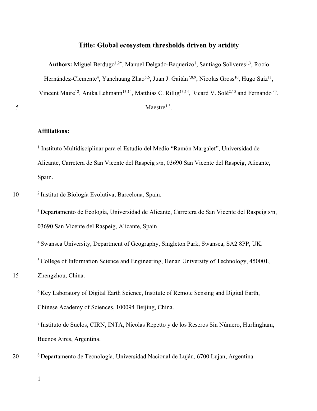 Title: Global Ecosystem Thresholds Driven by Aridity