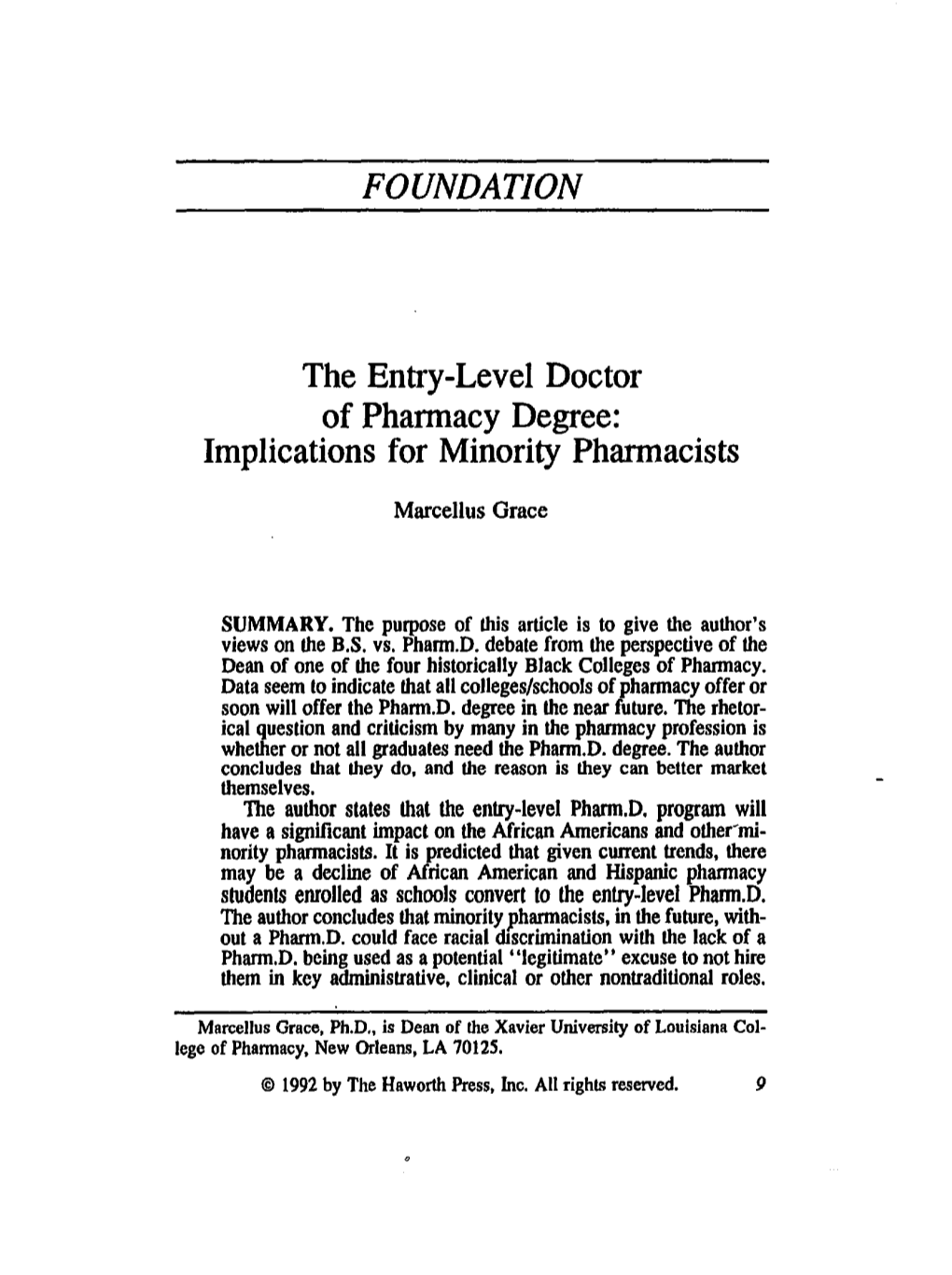 FOUNDATION the Entry-Level Doctor of Pharmacy Degree: Implications