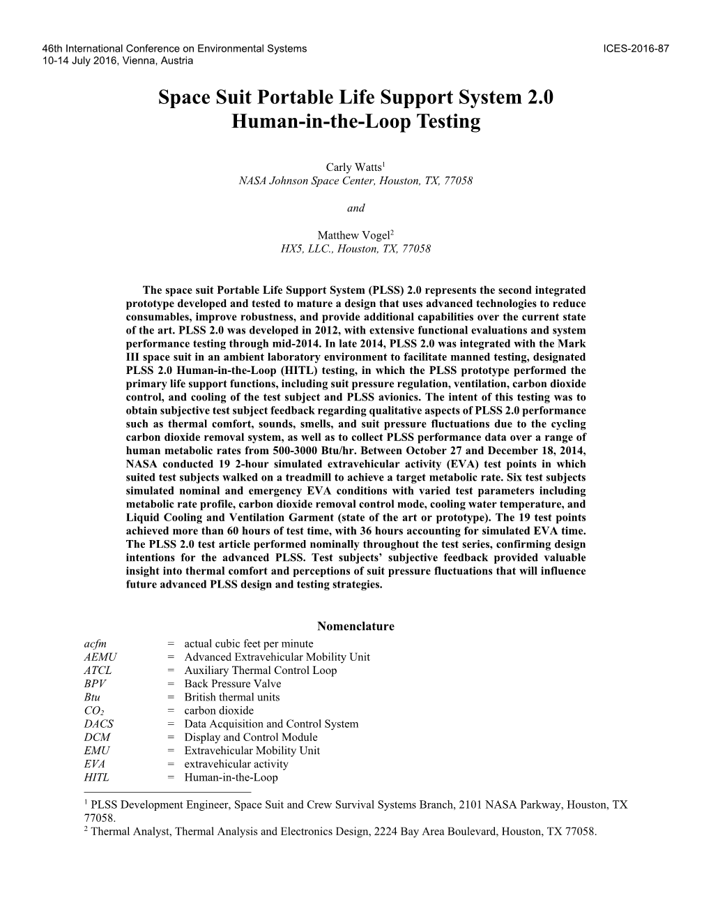 Space Suit Portable Life Support System 2.0 Human-In-The-Loop Testing