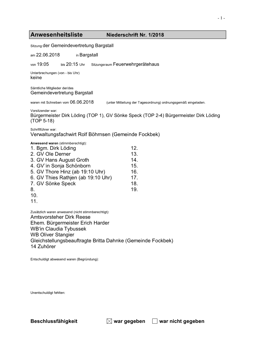 Anwesenheitsliste Niederschrift Nr