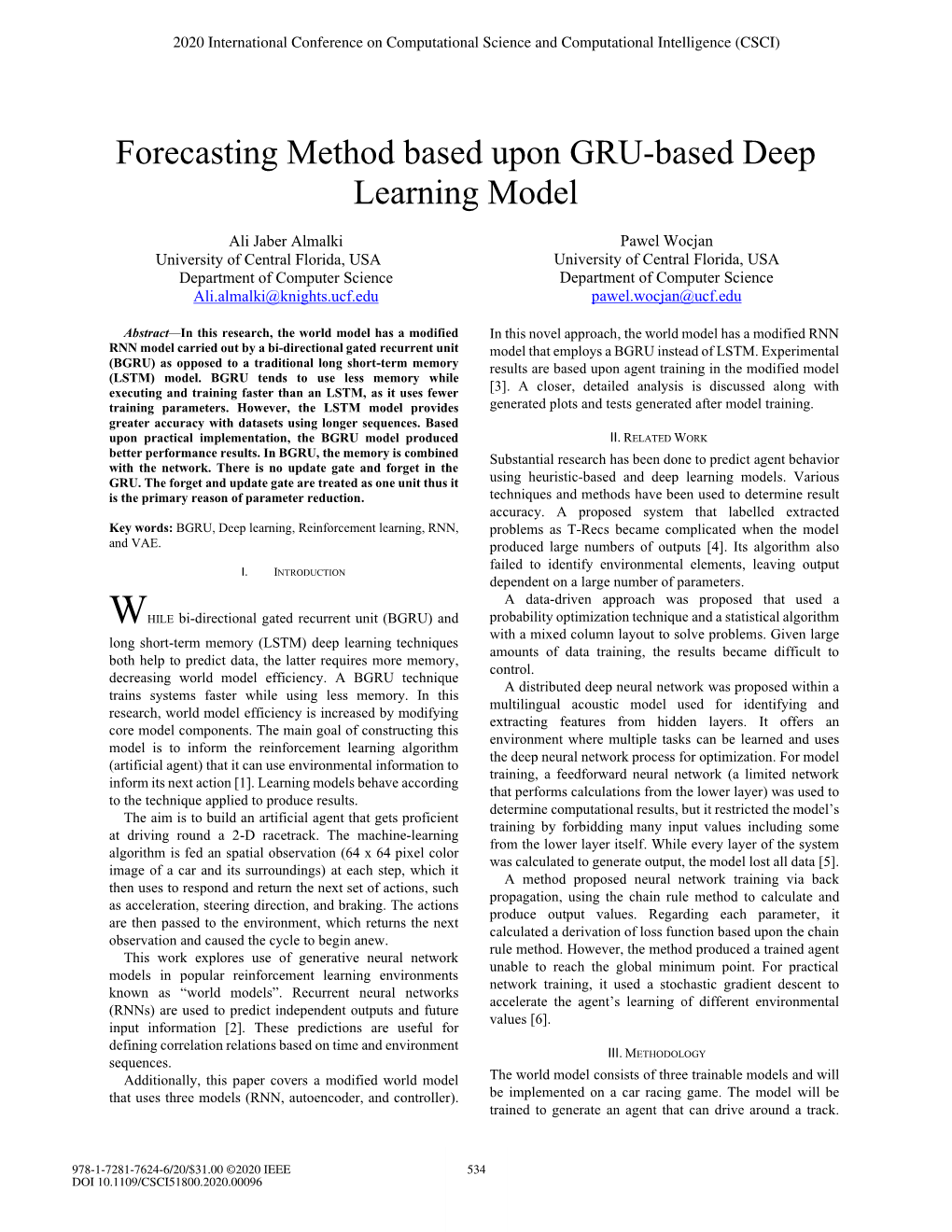 Forecasting Method Based Upon GRU-Based Deep Learning Model