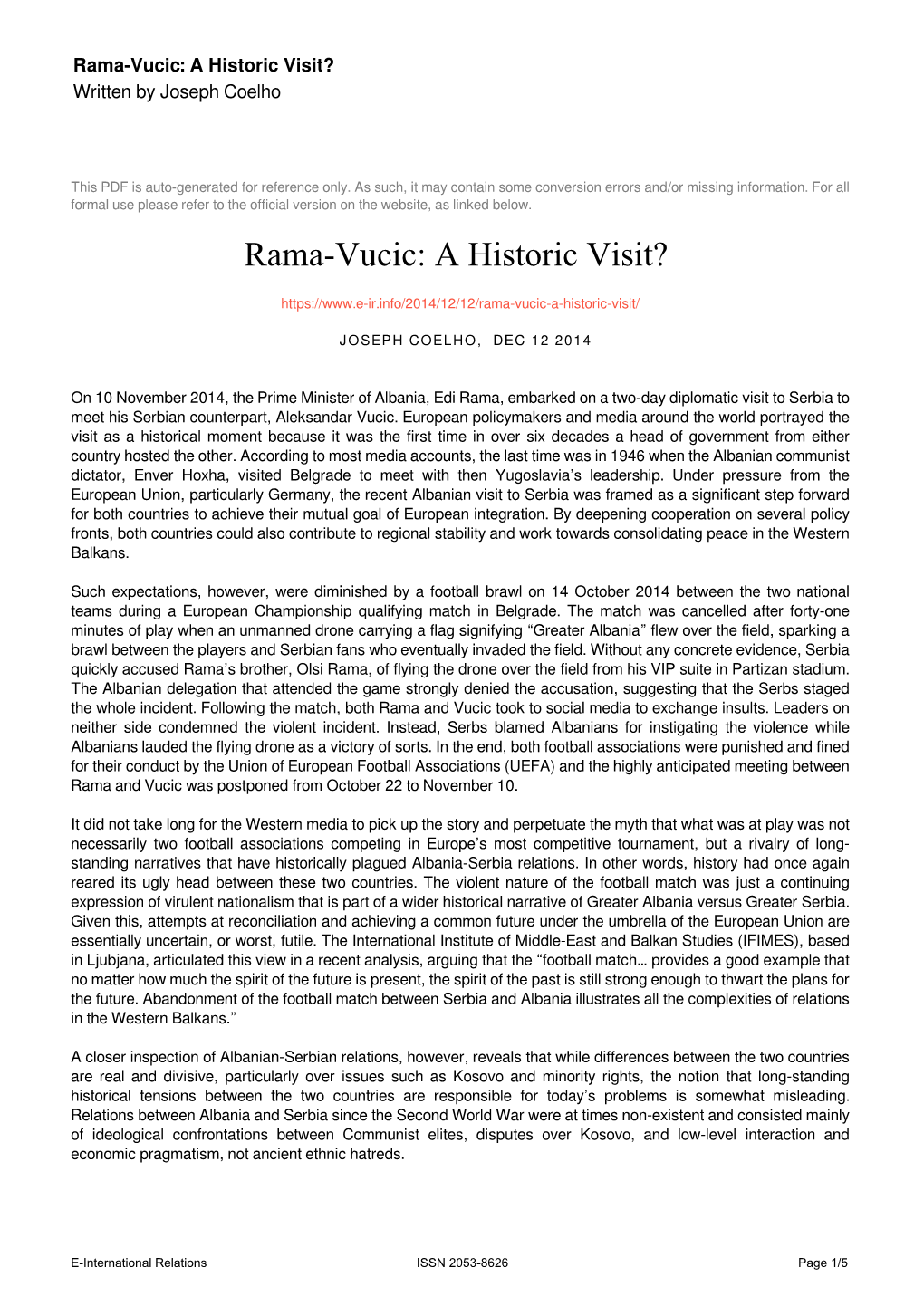 Rama-Vucic: a Historic Visit? Written by Joseph Coelho