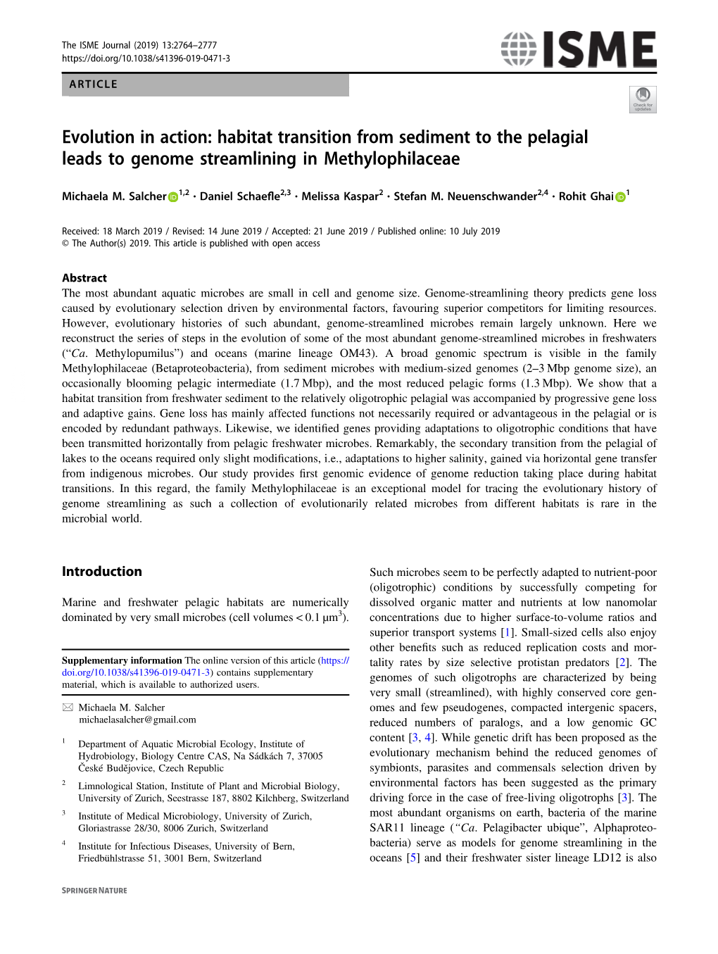 Evolution in Action: Habitat Transition from Sediment to the Pelagial Leads to Genome Streamlining in Methylophilaceae