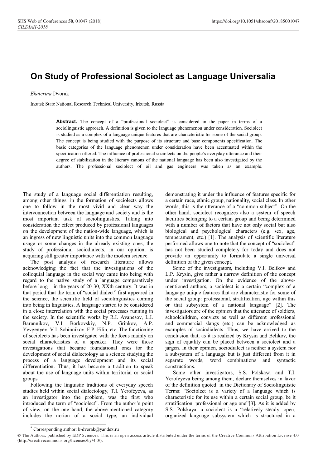 On Study of Professional Sociolect As Language Universalia