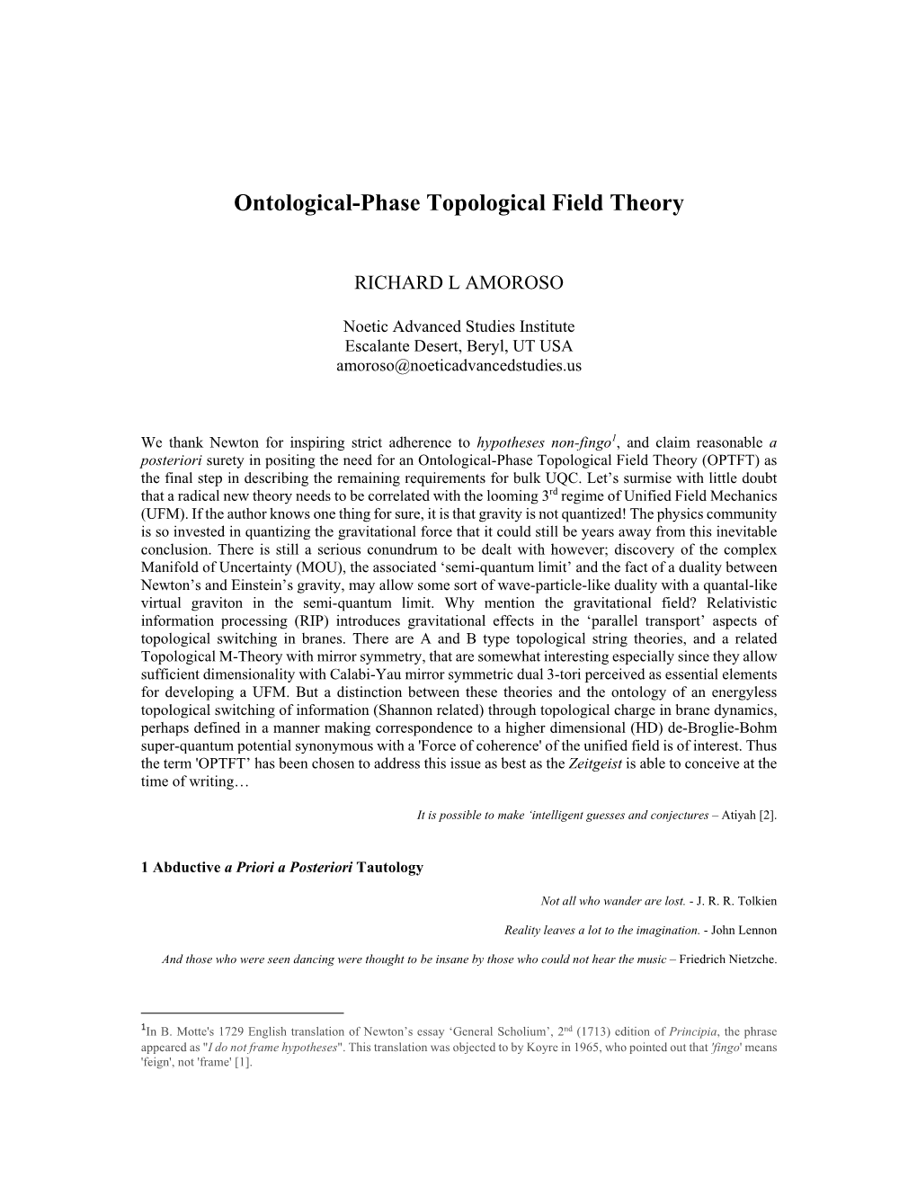 Ontological-Phase Topological Field Theory