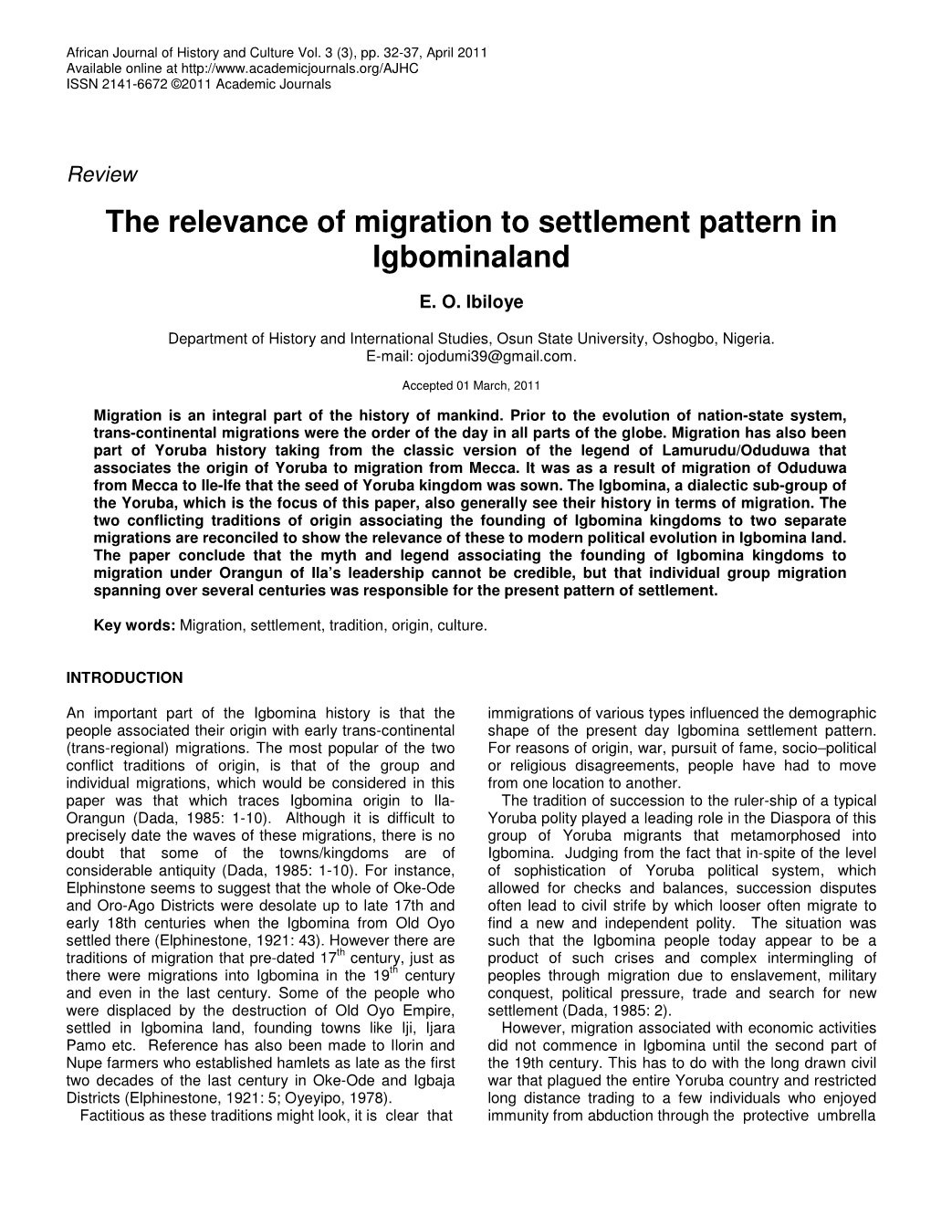 The Relevance of Migration to Settlement Pattern in Igbominaland