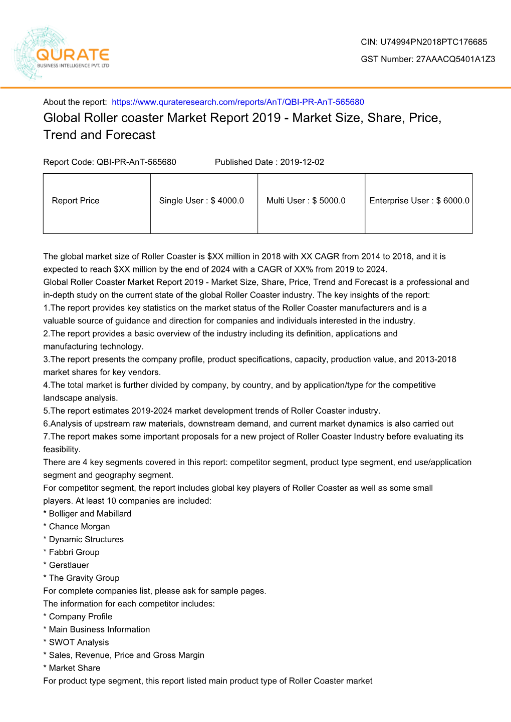 Global Roller Coaster Market Report 2019 - Market Size, Share, Price, Trend and Forecast