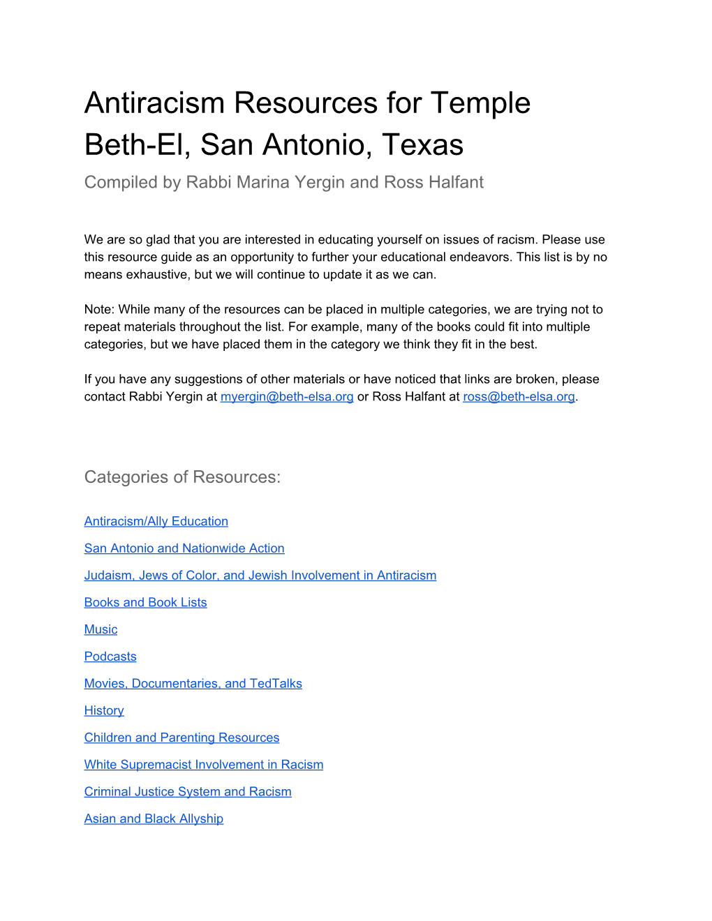 Antiracism Resources for Temple Beth-El, San Antonio, Texas Compiled by Rabbi Marina Yergin and Ross Halfant