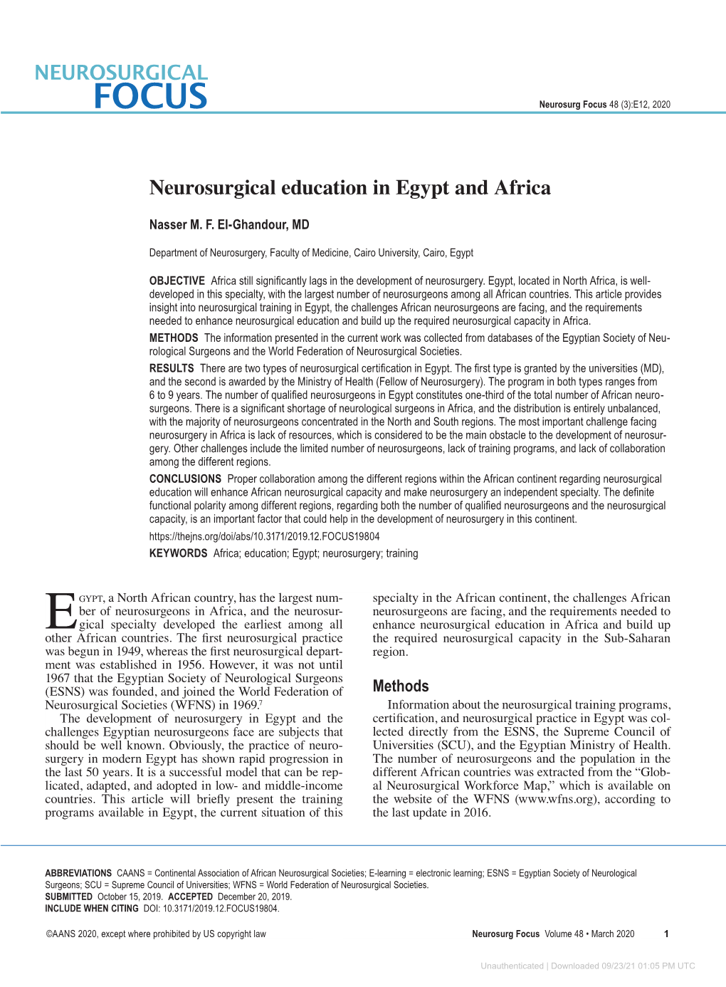 Neurosurgical Education in Egypt and Africa