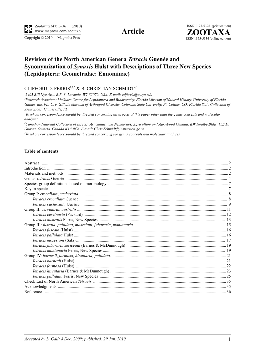 Zootaxa 2347: 1–36 (2010) ISSN 1175-5326 (Print Edition) Article ZOOTAXA Copyright © 2010 · Magnolia Press ISSN 1175-5334 (Online Edition)