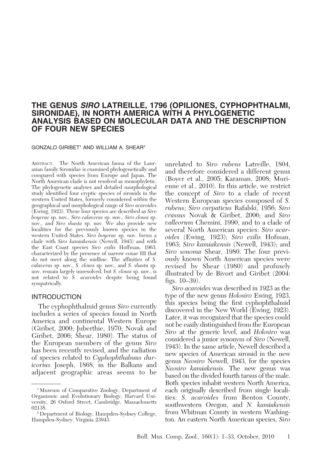 (Opiliones, Cyphophthalmi, Sironidae), in North America with a Phylogenetic Analysis Based on Molecular Data and the Description of Four New Species