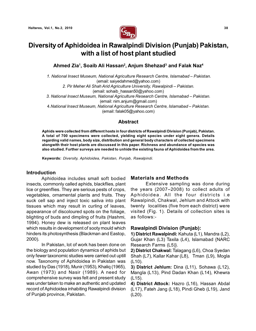 Diversity of Aphidoidea in Rawalpindi Division (Punjab) Pakistan, with a List of Host Plant Studied