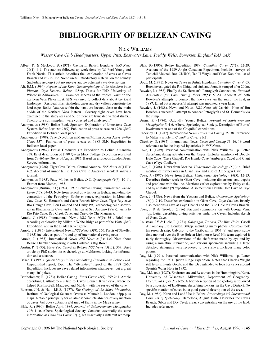 Bibliography of Belizean Caving