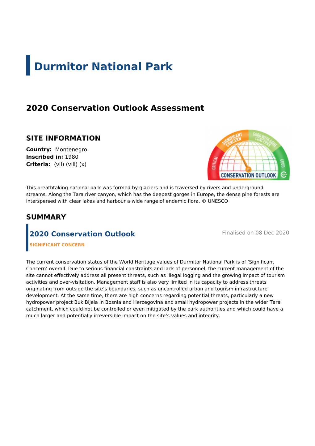 2020 Conservation Outlook Assessment