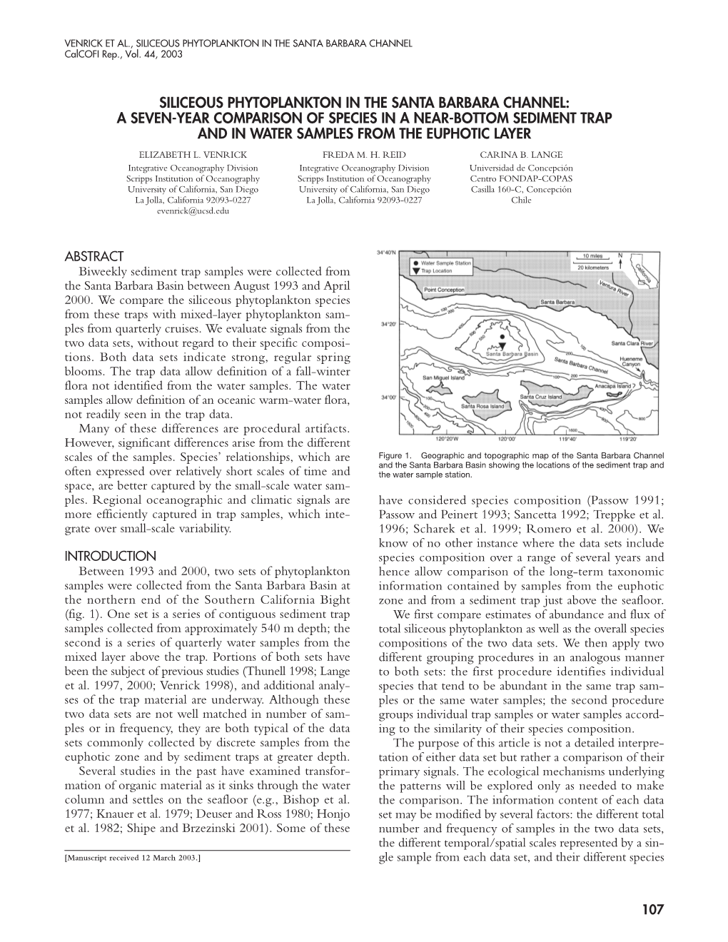 VENRICK ET AL., SILICEOUS PHYTOPLANKTON in the SANTA BARBARA CHANNEL Calcofi Rep., Vol