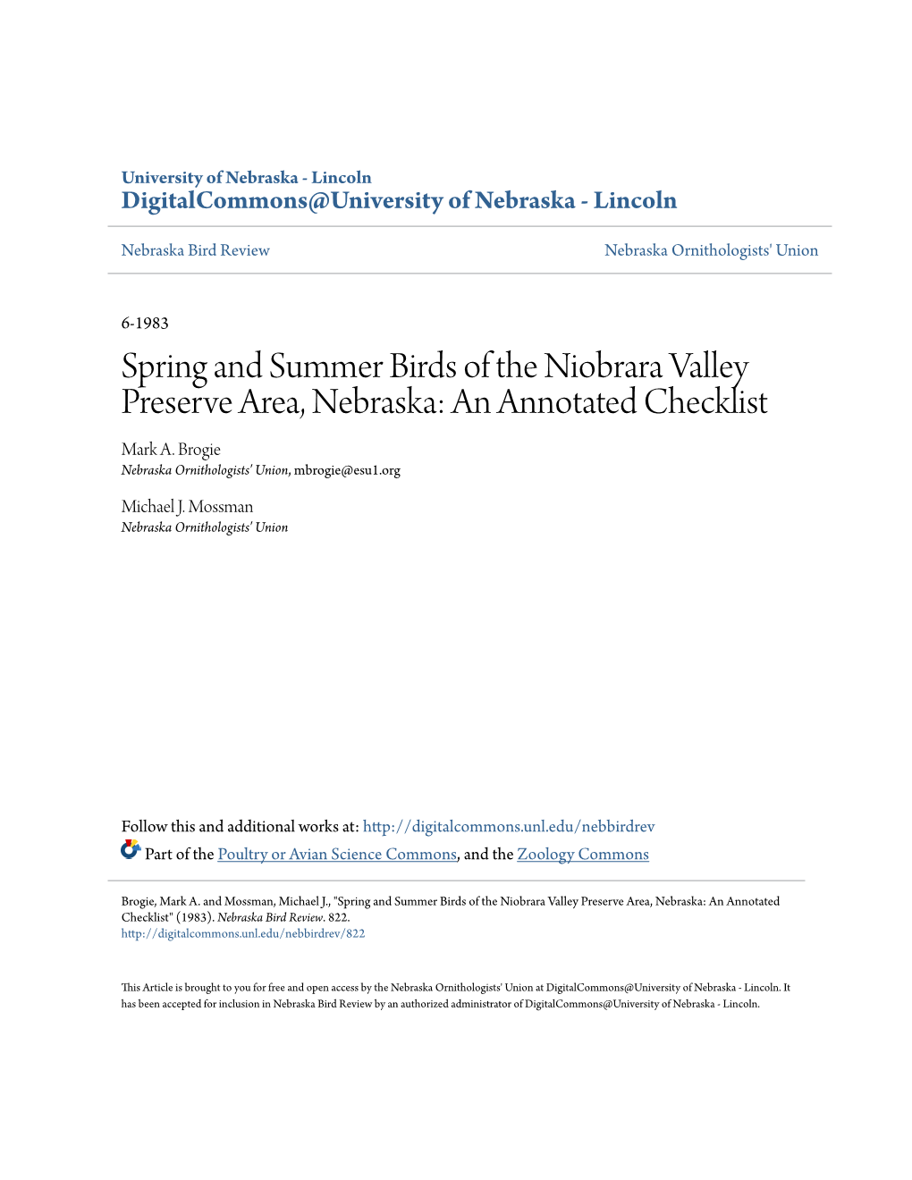 Spring and Summer Birds of the Niobrara Valley Preserve Area, Nebraska: an Annotated Checklist Mark A