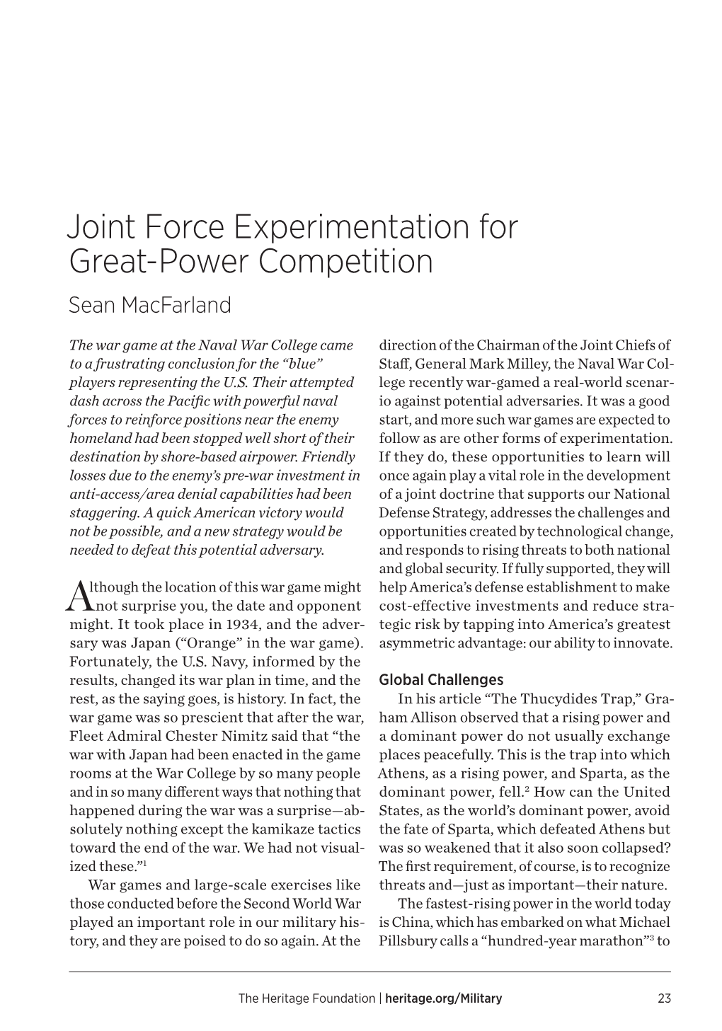 Joint Force Experimentation for Great-Power Competition Sean Macfarland