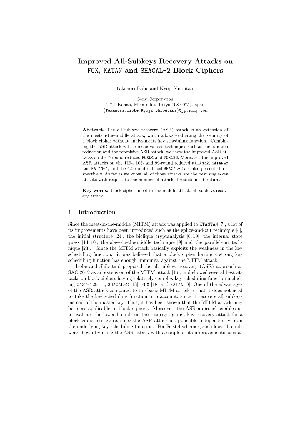 Improved All-Subkeys Recovery Attacks on FOX, KATAN and SHACAL-2 Block Ciphers