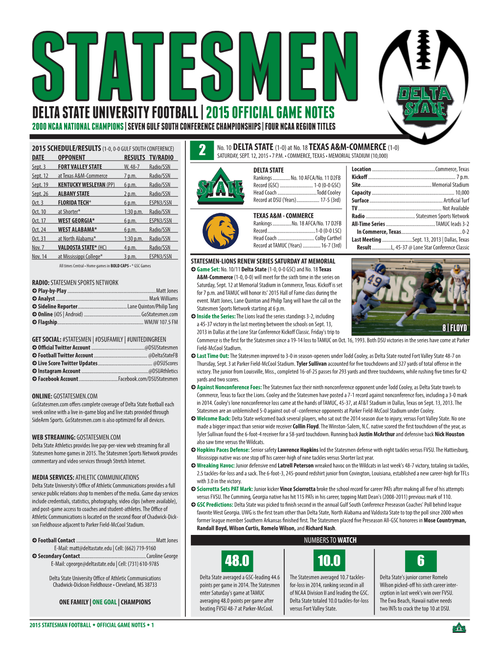 Delta State University Football | 2015 Official Game Notes 2000 Ncaa National Champions | Seven Gulf South Conference Championships | Four Ncaa Region Titles