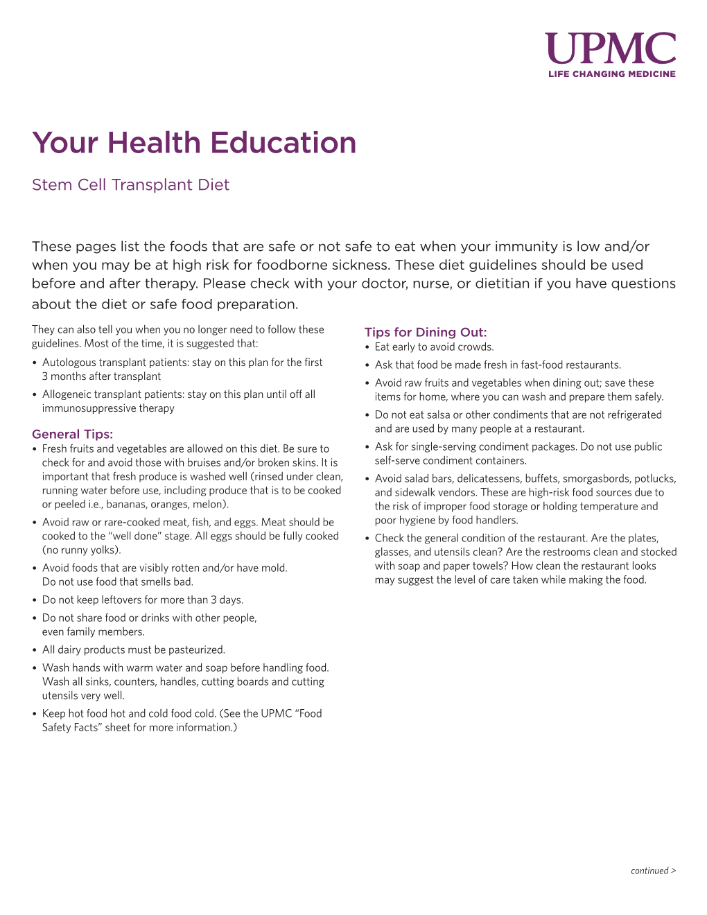 Stem Cell Transplant Diet