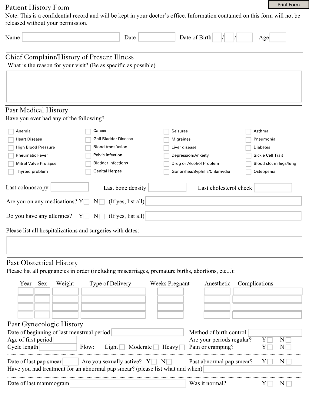 Patient History Form Chief Complaint/History of Present Illness