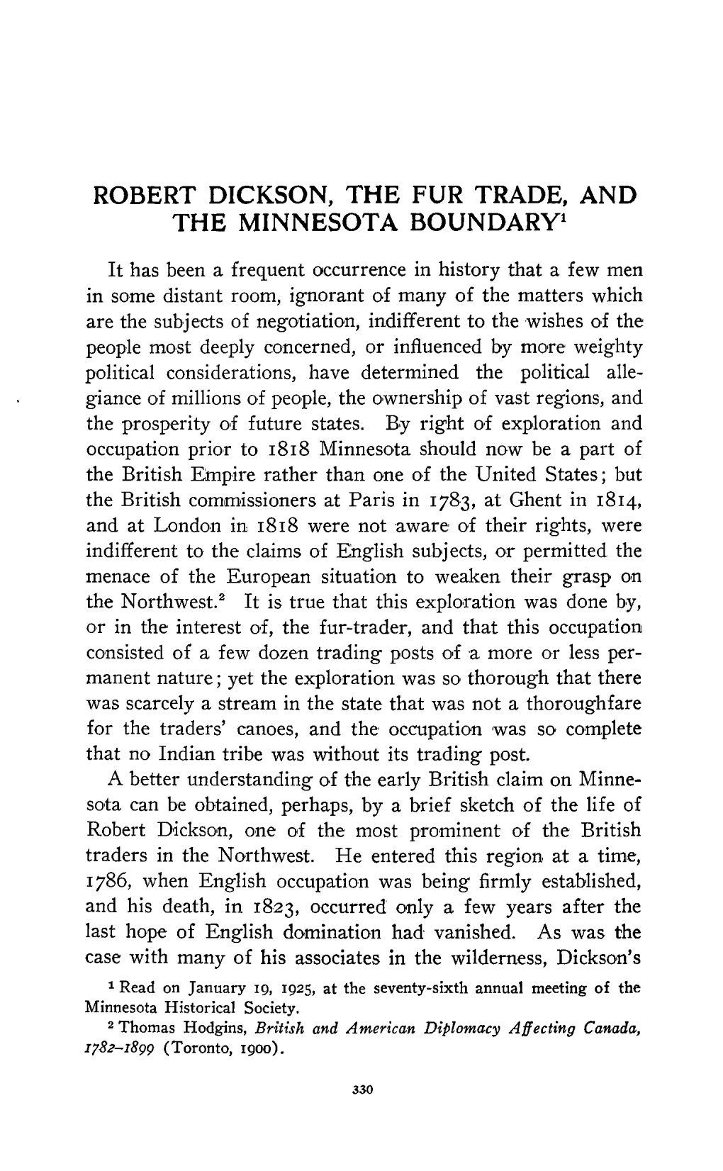Robert Dickson, the Fur Trade, and the Minnesota Boundary