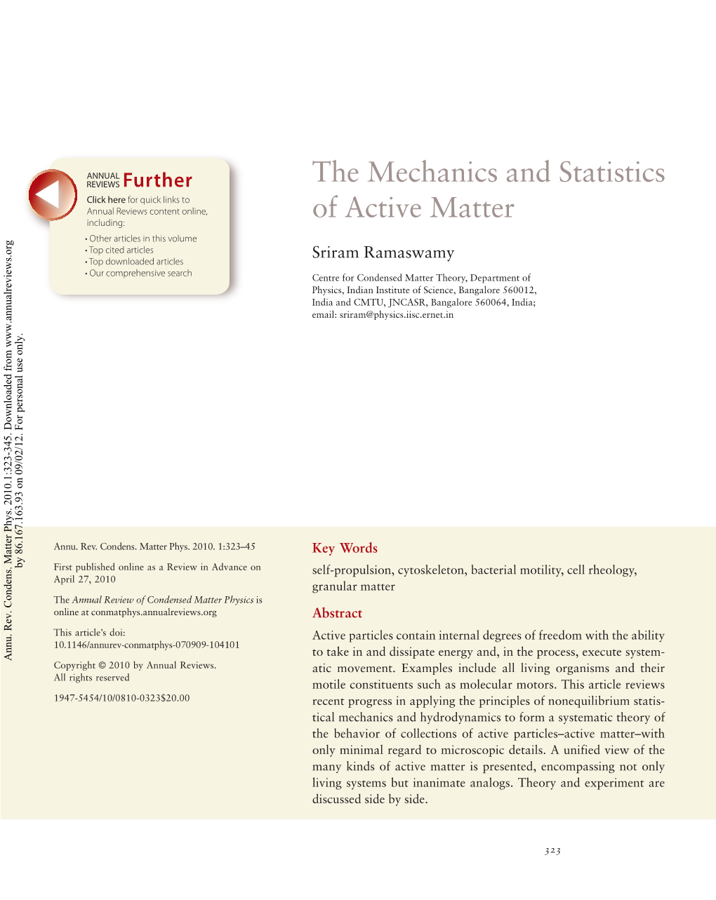 S. Ramaswamy, "The Mechanics and Statistics of Active Matter"