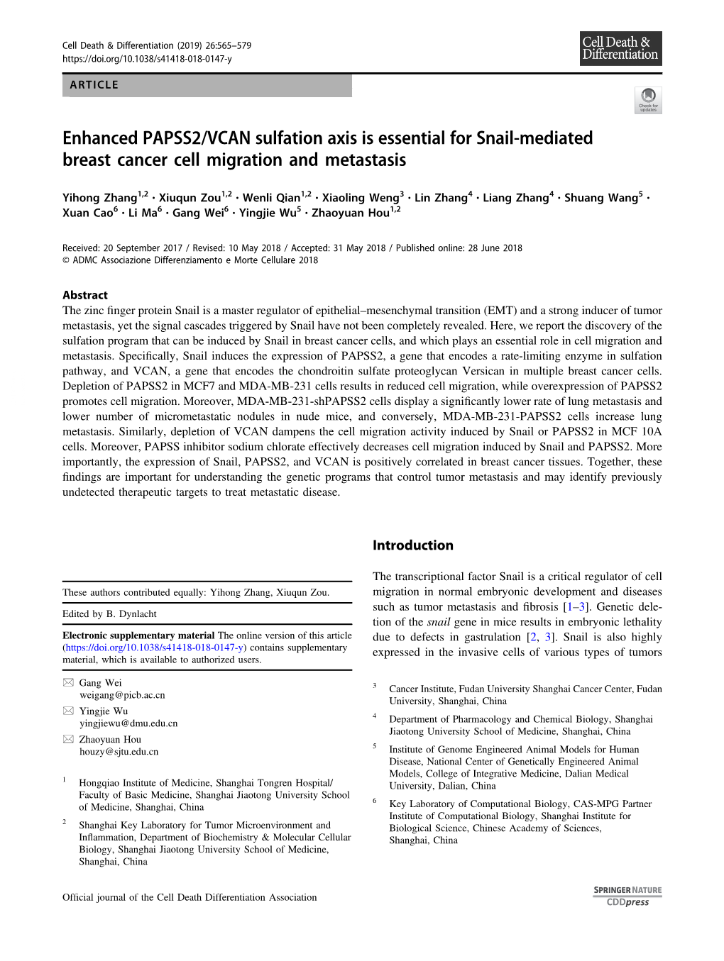 Enhanced PAPSS2/VCAN Sulfation Axis Is Essential for Snail-Mediated Breast Cancer Cell Migration and Metastasis