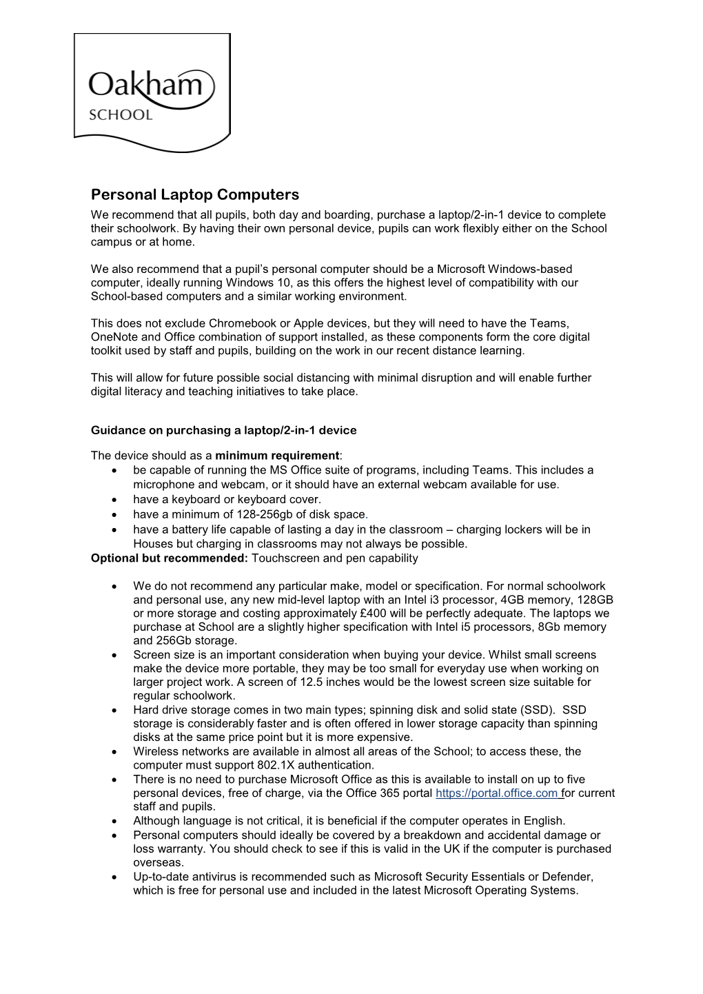 Personal Laptop Computers We Recommend That All Pupils, Both Day and Boarding, Purchase a Laptop/2-In-1 Device to Complete Their Schoolwork