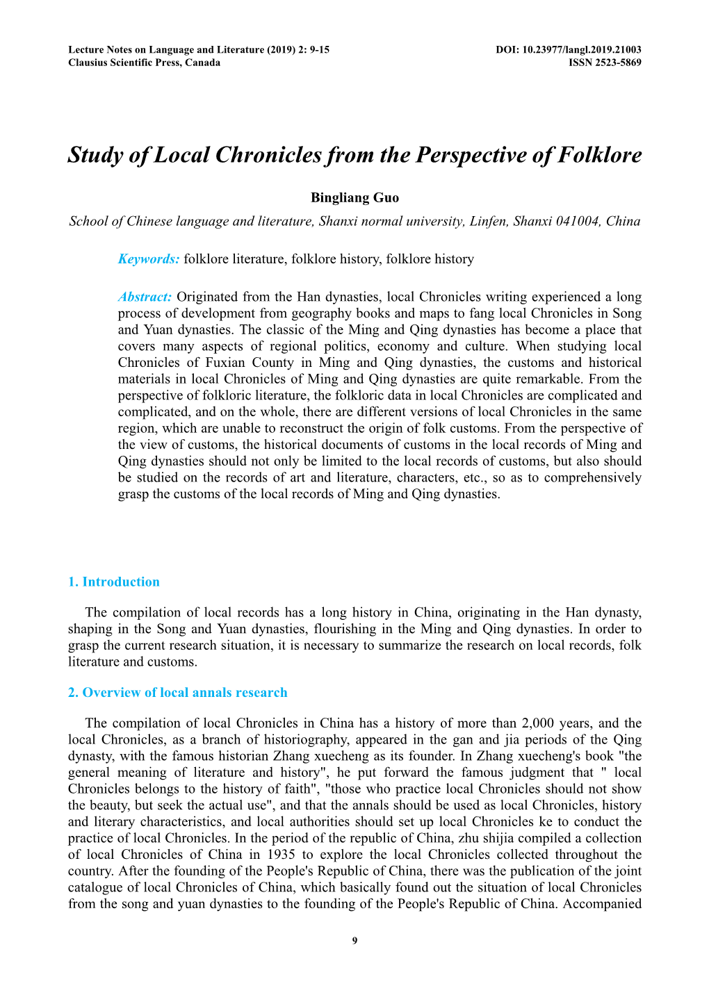 Study of Local Chronicles from the Perspective of Folklore