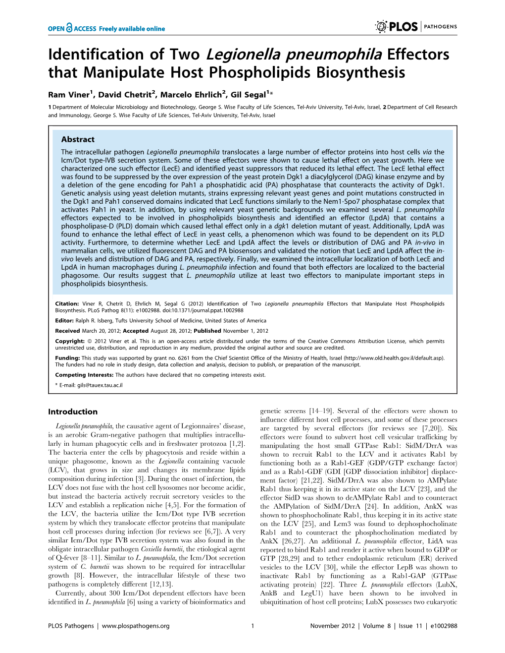 Identification of Two Legionella Pneumophila Effectors That Manipulate Host Phospholipids Biosynthesis