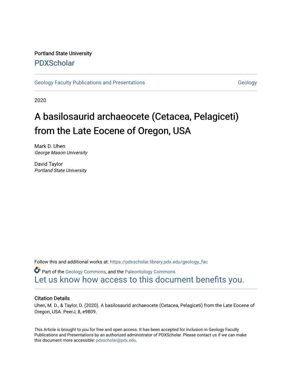 A Basilosaurid Archaeocete (Cetacea, Pelagiceti) from the Late Eocene of Oregon, USA