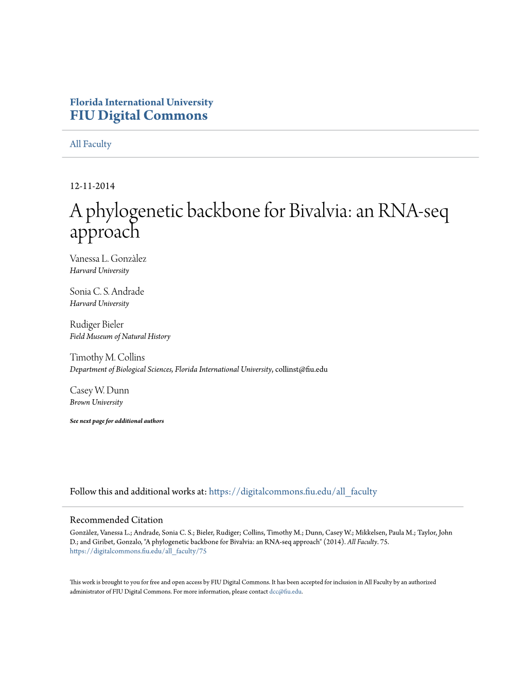 A Phylogenetic Backbone for Bivalvia: an RNA-Seq Approach Vanessa L