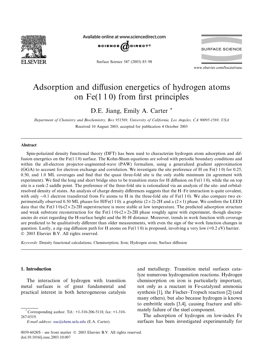 Adsorption and Diffusion Energetics of Hydrogen Atoms on Fe(1 1 0)