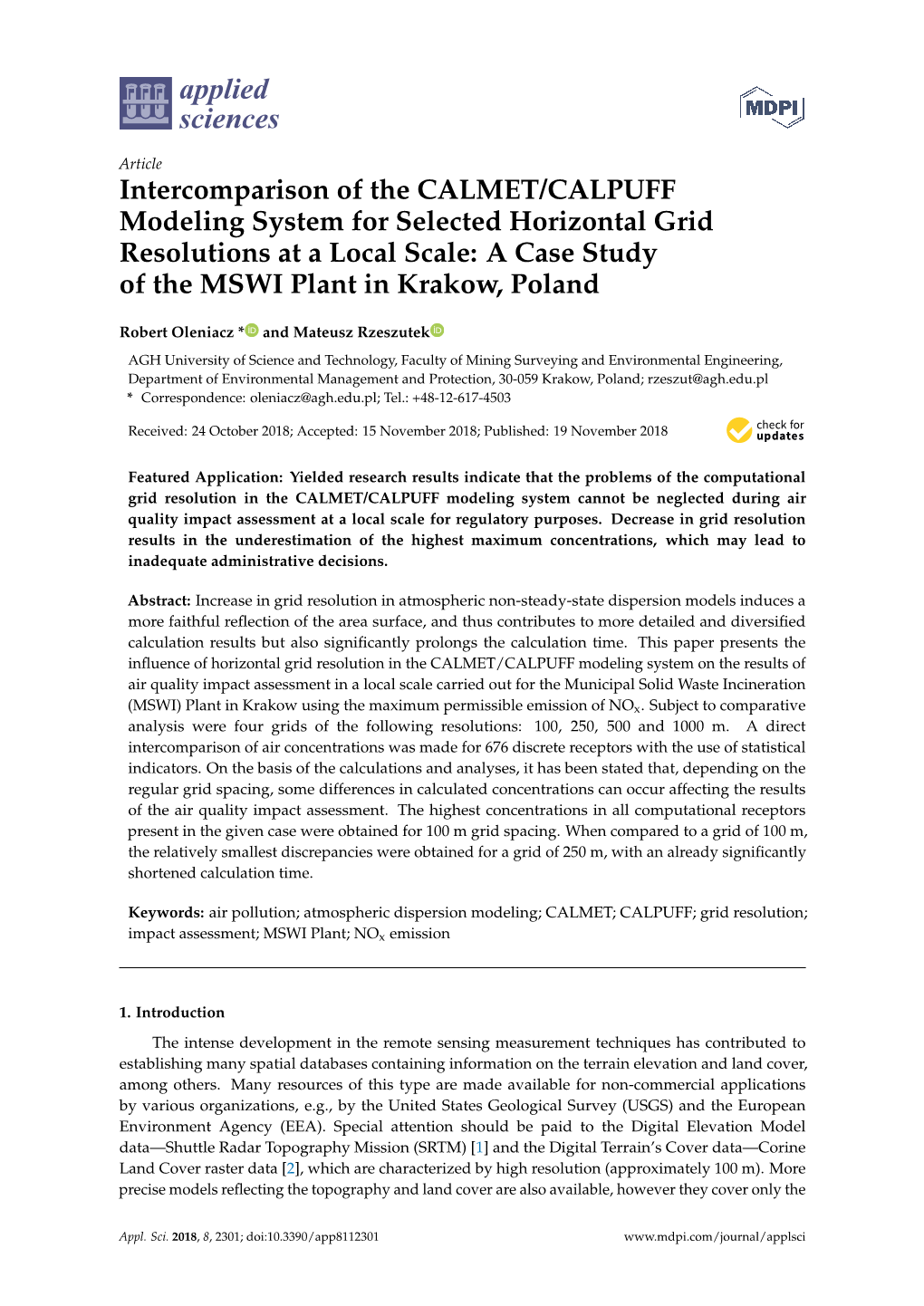 Intercomparison of the CALMET/CALPUFF Modeling System for Selected Horizontal Grid Resolutions at a Local Scale: a Case Study of the MSWI Plant in Krakow, Poland