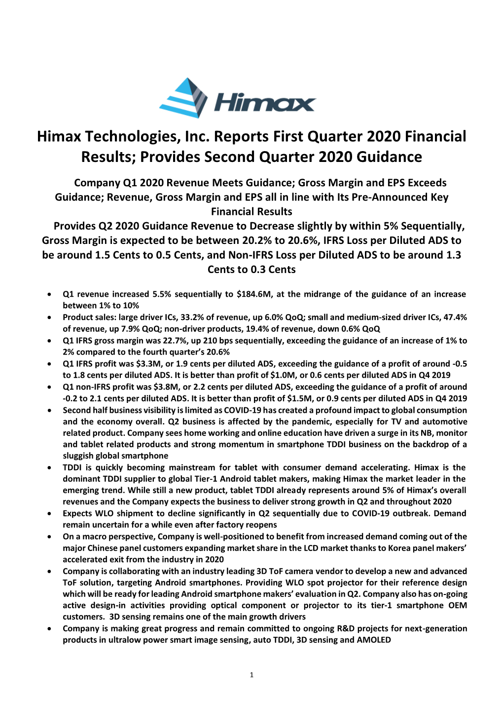 Provides Second Quarter 2020 Guidance