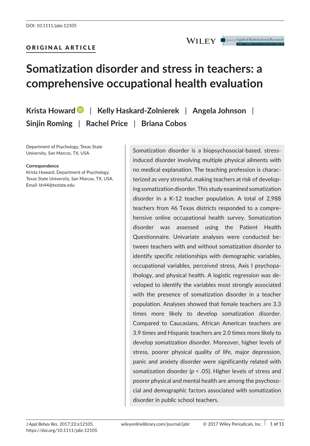 Somatization Disorder and Stress in Teachers: a Comprehensive Occupational Health Evaluation