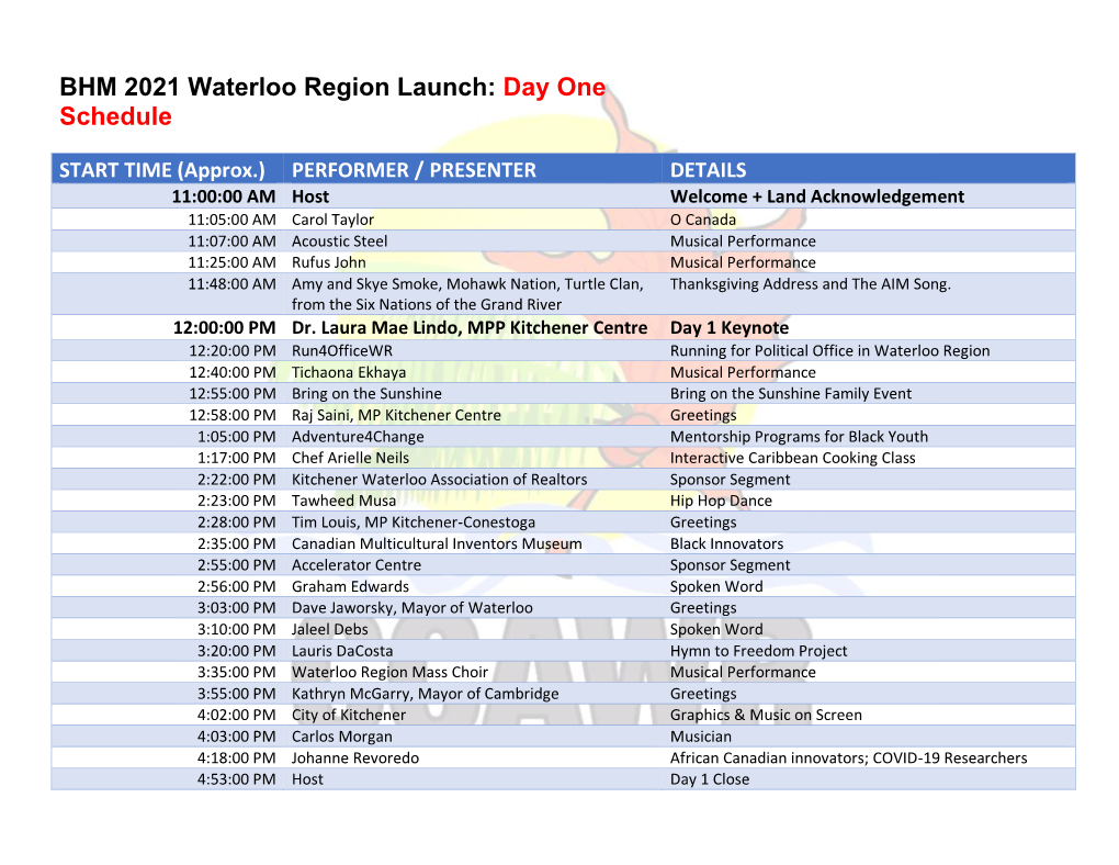 BHM 2021 Waterloo Region Launch: Day One Schedule