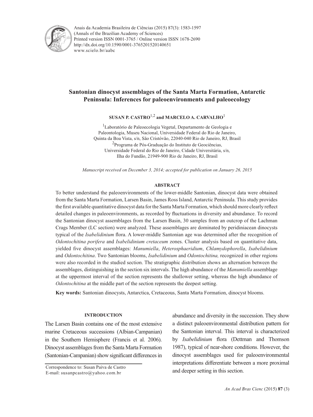 Santonian Dinocyst Assemblages of the Santa Marta Formation, Antarctic Peninsula: Inferences for Paleoenvironments and Paleoecology