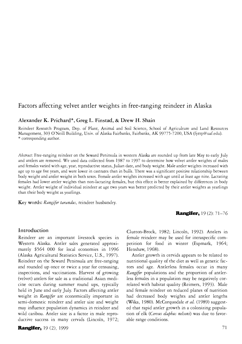 Factors Affecting Velvet Antler Weights in Free-Ranging Reindeer in Alaska