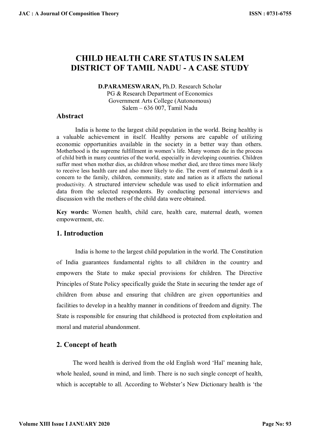 Child Health Care Status in Salem District of Tamil Nadu - a Case Study