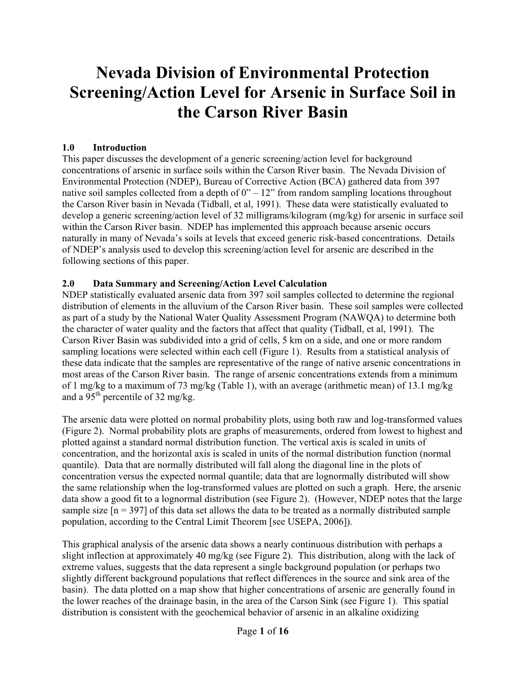 Nevada Division of Environmental Protection Screening/Action Level for Arsenic in Surface Soil in the Carson River Basin