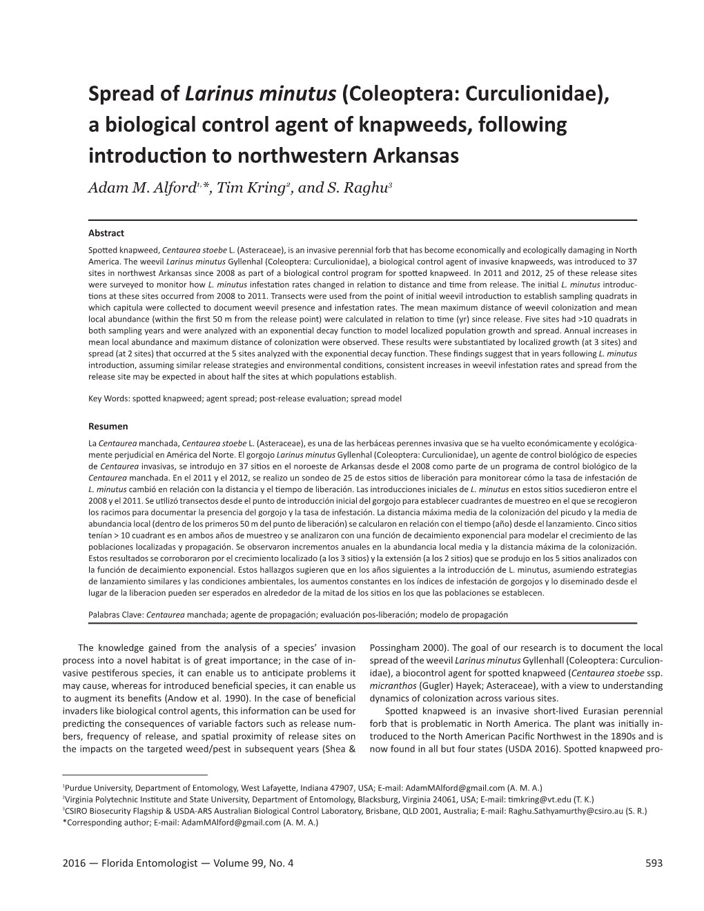 Spread of Larinus Minutus (Coleoptera: Curculionidae), a Biological Control Agent of Knapweeds, Following Introduction to Northwestern Arkansas Adam M