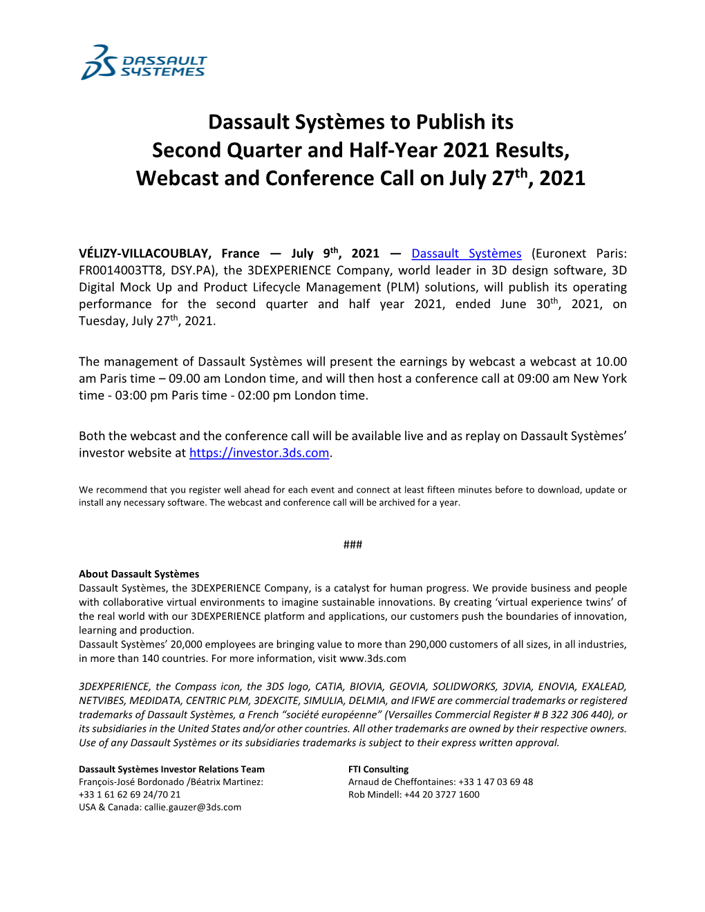 Dassault Systèmes to Publish Its Second Quarter and Half-Year 2021 Results, Webcast and Conference Call on July 27Th, 2021