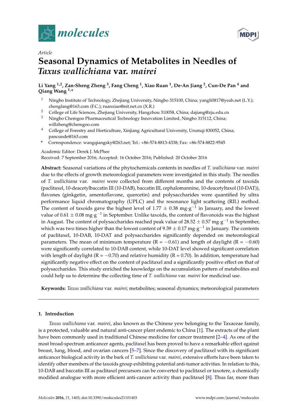 Seasonal Dynamics of Metabolites in Needles of Taxus Wallichiana Var