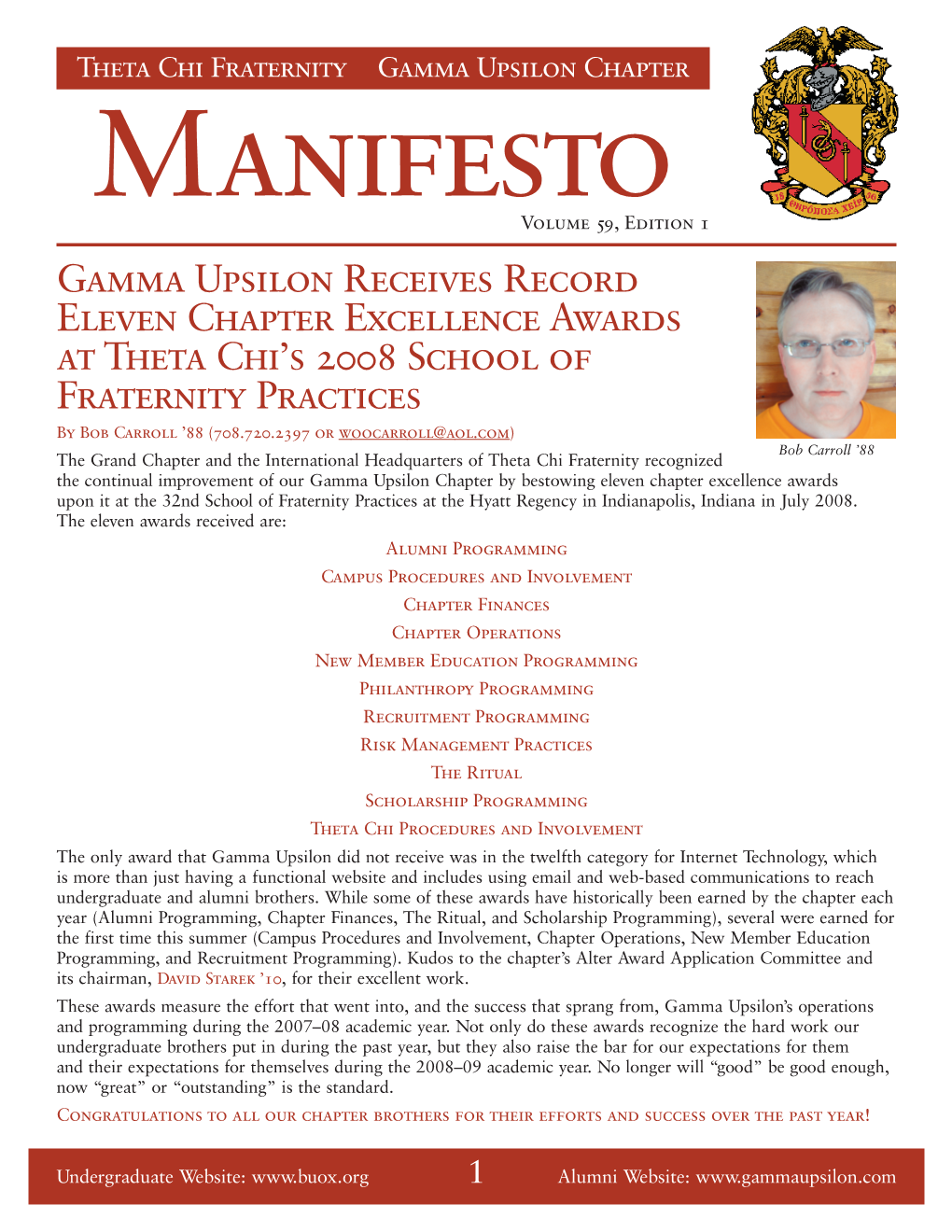 GAMMA Upsilon Receives RECORD Eleven CHAPTER Excellence AWARDS at THETA Chi's 2008 SCHOOL of Fraternity Practices