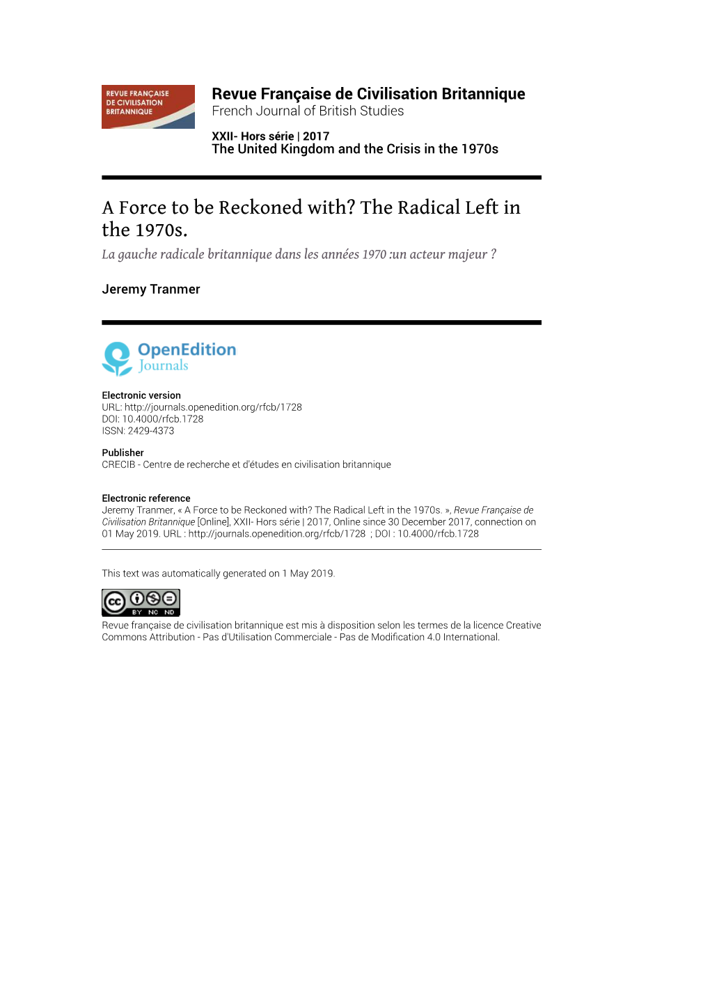 Revue Française De Civilisation Britannique, XXII- Hors Série | 2017 a Force to Be Reckoned With? the Radical Left in the 1970S