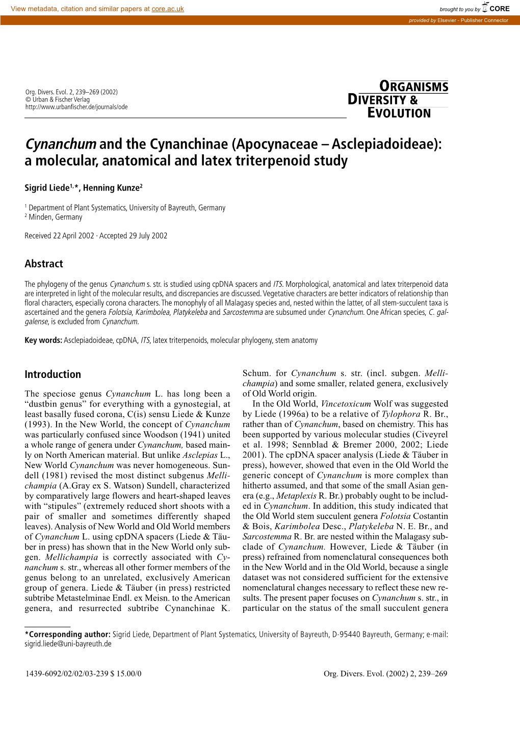 Cynanchum and the Cynanchinae (Apocynaceae – Asclepiadoideae): a Molecular, Anatomical and Latex Triterpenoid Study