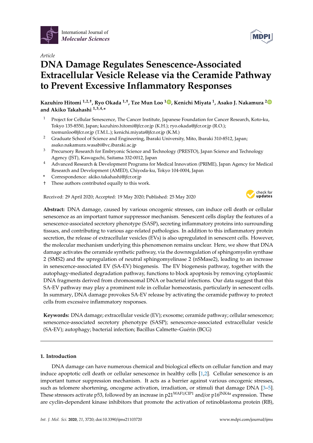 DNA Damage Regulates Senescence-Associated Extracellular Vesicle Release Via the Ceramide Pathway to Prevent Excessive Inflammatory Responses