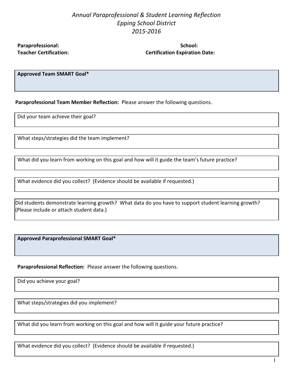 Annual Paraprofessional & Student Learning Reflection